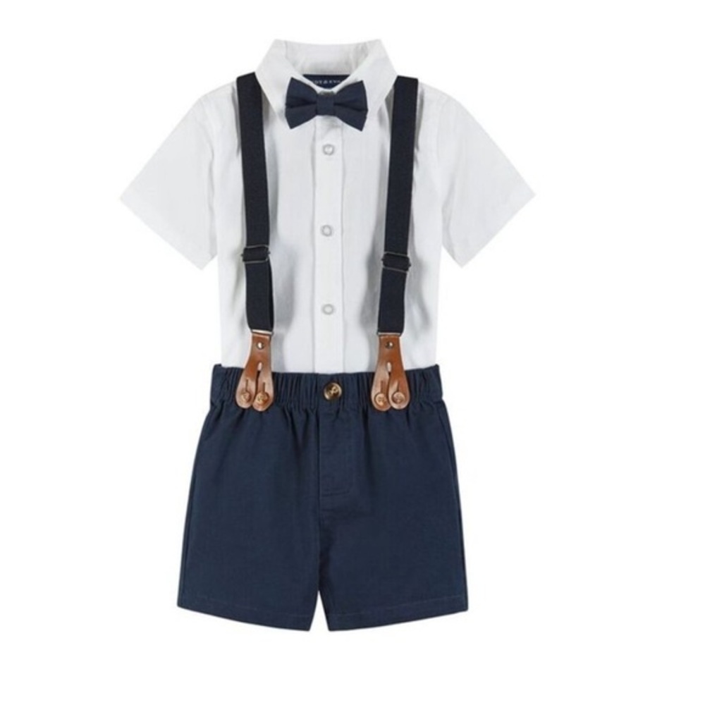 Andy & Evan White Shirt Navy Shorts Bow Tie and Suspenders Set